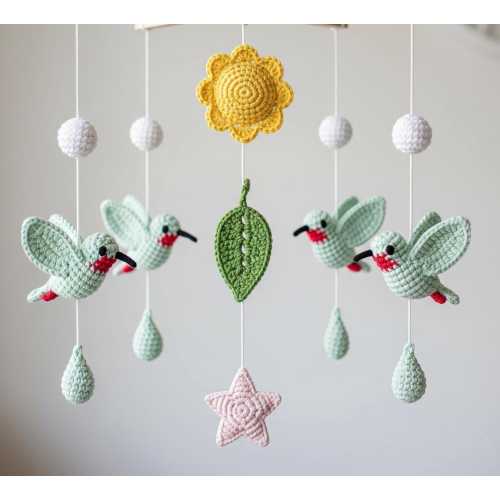 Hummingbird Baby Mobile For Nursery Decor, Baby Shower's Gift, Gift for Bird Lovers, Pink Flower Baby Mobile,Whimsical garden theme nursery