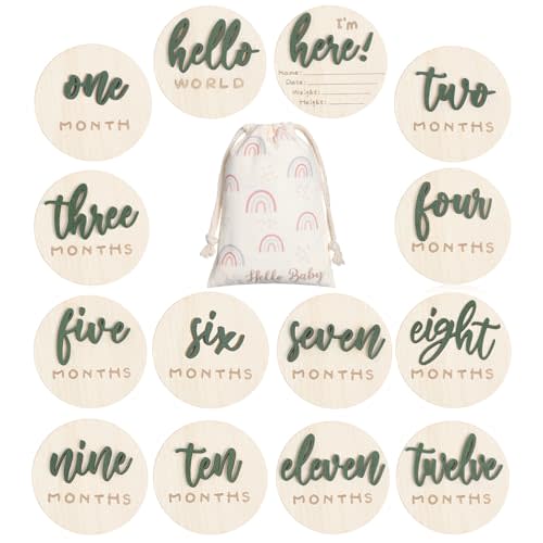 Burbell Baby Monthly Milestone Sign Announcement Sign, Green, Letter | 7 Pack, 3D Double Sided Hello World Newborn Card Signs, Wooden Circles Discs, for Welcome Newborn Shower Boy Girl Photo Props