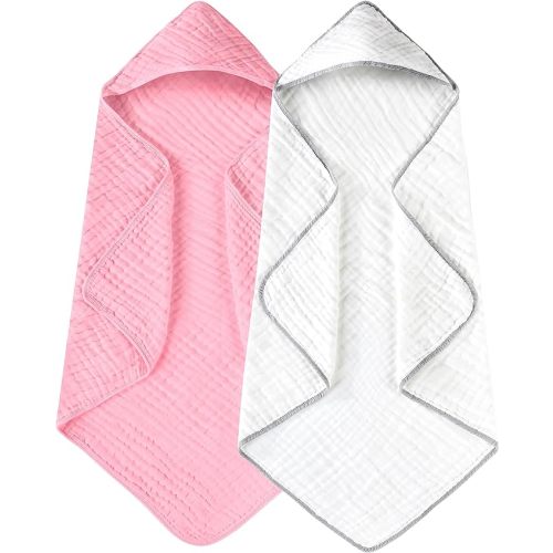 Yoofoss Hooded Baby Towels for Newborn 2 Pack 100% Muslin Organic Cotton Baby Bath Towel with Hood for Babies, Infant, Toddler and Kids, 32x32Inch, Soft and Absorbent Newborn Essential,White and Pink