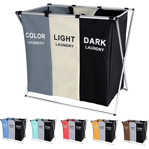 135L Laundry Cloth Hamper Sorter Basket Bag Bin Foldable 3 Sections with Aluminum Frame 24'' × 14'' x 23'' Washing Storage Dirty Clothes Bag for Bathroom Bedroom Home (White+Grey+Black)