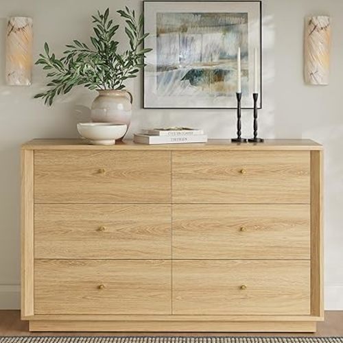 Mid Century Modern Dresser, 6 Drawer Dresser with Storage, 47" Wide Chest of Drawers with Wood Grain Texture, Drawers Organizer for Bedroom, Living Room, Hallway, Gold Oak