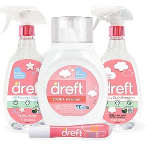 Baby Gifts Set by Dreft, Baby and Mom Gift Set with Liquid Laundry Detergent, Laundry Stain Remover, Stain Remover Pen & All Purpose Cleaner Spray, Great for Baby Showers