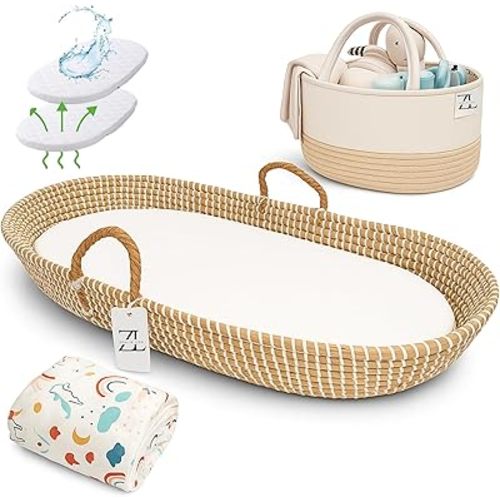 Seagrass Moses Basket by ZEAL'N LIFE, Moses Baskets for Newborn, Baby Changing Basket with Baby Towel, Washable Waterproof Pad Covers & Diaper Caddy, Changing Basket Baby (32 Inch)