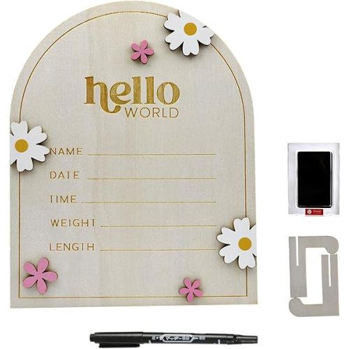 Baby Announcement Sign Hello World Wooden Birth Name Sign Welcome Baby Newborn Board Butterflies and White Flowers Nursery Decor for Baby Girls Boys (Pink Butterfly)