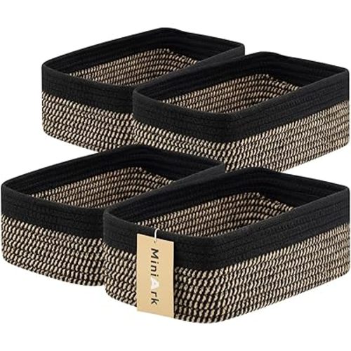 Small Storage Baskets for Organizing | Closet Organizer Bins | Shelf Toy Basket | Woven Rope Baskets | Cube Decorative Box | Shallow Basket | 11.5x7.5x4.7” | 4 Packs Black Brown