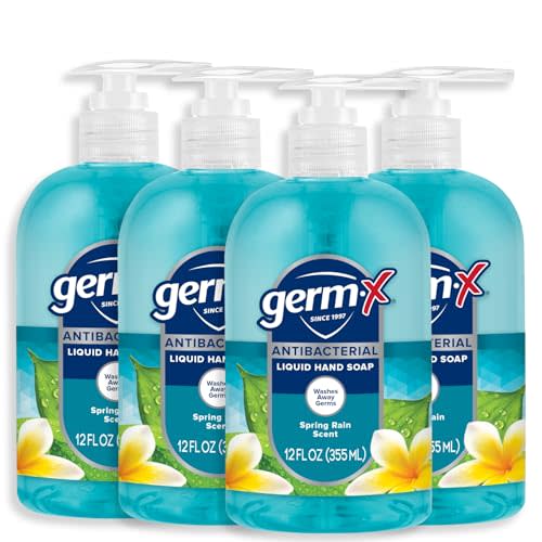 Germ-X Antibacterial Hand Soap, 12 Oz (Pack 4), Moisturizing Liquid Hand Wash for Kitchen or Bathroom, pH Balanced & Dermatologist Tested, Spring Rain Scent, Pump Bottle