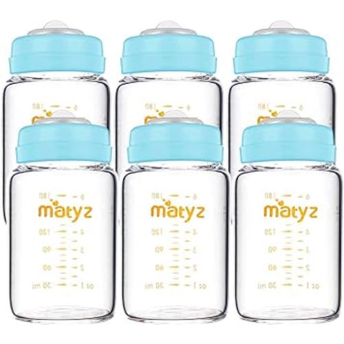 Matyz Glass Breastmilk Storage Bottles, 6 Pack, 6 oz, Compatible With Spectra Medela Breast Pump - Freezer Safe Storage Bottles Set - Wide Mouth Breastmilk Storage Containers - BPA Free (Blue Lids)