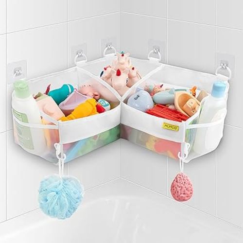 3 Compartments Bath Toy Storage Corner Bath Toy Holder for Bathtub, Kids Tub Toys Organizer with Adhesive Hooks, Quick-Drying Machine-Washable Mesh Bathroom Organizer for Tidy Bathtub