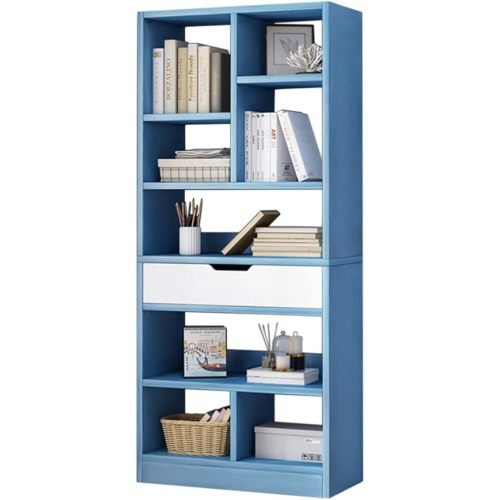 IOTXY Wooden Open Shelf Bookcase - 61" Height Freestanding Display Storage Cabinet Organizer with 8 Cubes and a Drawer, Floor Standing Bookshelf, Blue