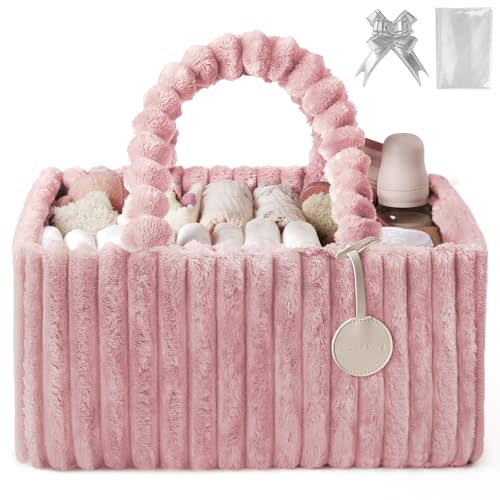 Blissful Diary Flannel Diaper Caddy Organizer, included Gift Packaging, Cozy Nursery Storage Basket, Gift for Baby Shower, Newborn Essentials, Blush Pink