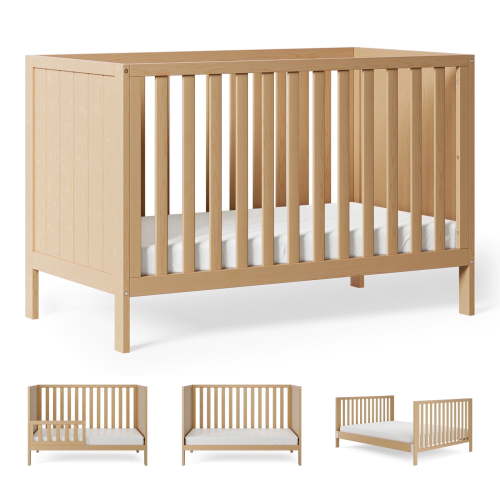 HARPPA 5-in-1 Convertible Baby Crib, Natural Wood, Adjustable Height, Modern Design