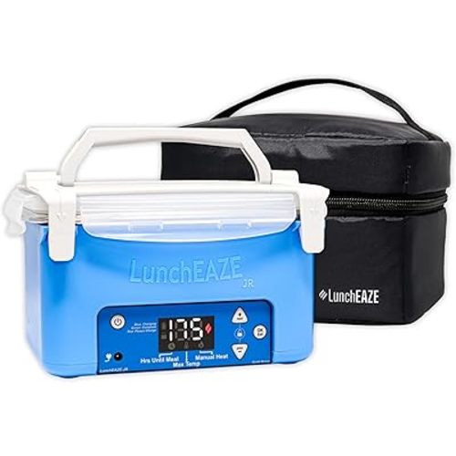 LunchEAZE JR Junior Kids Electric Lunch Box, Cordless Battery Powered Food Warmer for School, Child Safety Certified & BPA-Free, Automatic Self-Heating Container with Insulated Bag, 600mL (Blue)
