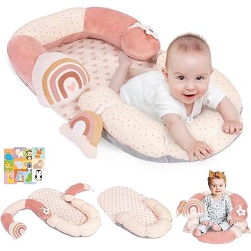 4 in 1 Tummy Time Mat with Educational Cards, Play Mat & Sitting Support for Newborn 0-12 Months, Infant Baby Sit Me Up Floor Seat, Sensory Skills Gifts, Rainbow