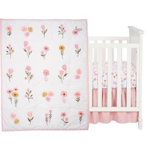 Little Garden 3-Piece Embroidered Floral Baby Crib Bedding Set