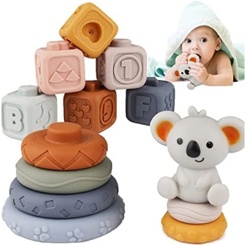 Baby Toys 6-12 Months,Sensory Toys Bundle -Montessori Soft Silicone Educational Building Blocks 3D Rubber babies Chewing Squeeze Stacking Educational Numbers Animals Toy for Babies 6 -9 Month -2 Year
