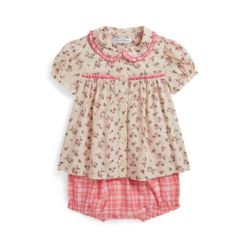 Ditsy Floral Button-Up Top & Plaid Bloomers Set