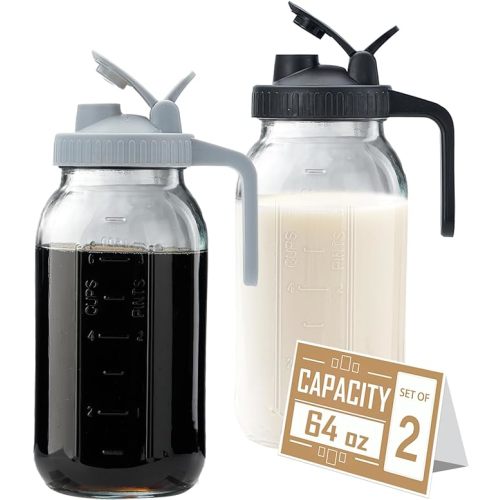 64oz Glass Pitcher with Lid - 2 Quart Mason Jar Pitcher with Spout, Leak-proof Milk Container for Refrigerator, Easy to Clean Wide Mouth Water Jug, Juice, Tea, Iced Coffee, Beverage and Drinks
