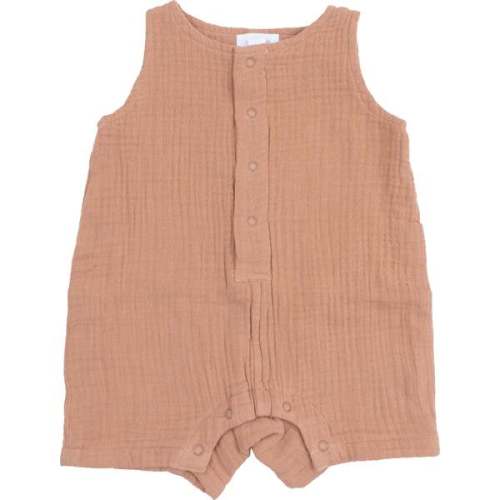 Sleeveless Shortie Romper, Solid Muslin Camel - Angel Dear | Maisonette