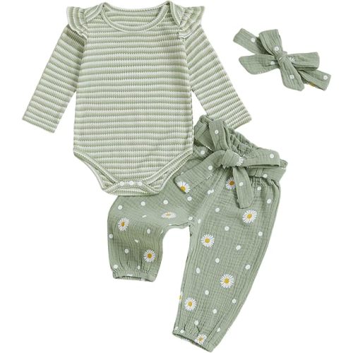 Kaipiclos Newborn Infant Girl Clothes Rib Knit Romper Daisy Print Pants Headband Baby Clothes for Girls 0 3 6 12 18 24 Months
