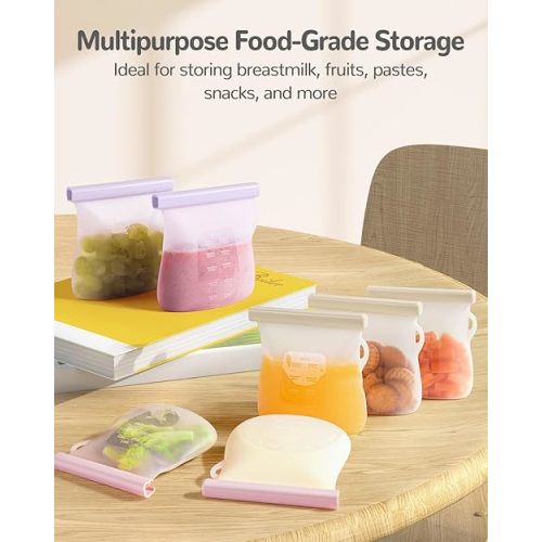 JellyRuru 7 PCS Reusable Breast Milk Storage Bags, 8.5oz 250ml Standard Silicone Breastmilk Freezer Storage Container, Leak-Proof & Self-Standing Milk Bags, Baby Food Bags