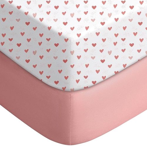 Pack and Play Sheets -Fitted, Mini Crib Sheets 2-Pack for Pack N Play Mattress, Stretchy Playard Sheet, Soft and Breathable Pink+Love
