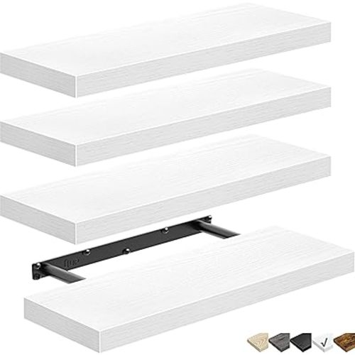QEEIG Floating Shelves for Wall Bathroom Shelf Bedroom Kitchen Living Room Farmhouse Small Book Shelf 16 inch Set of 4, White (015-W4)