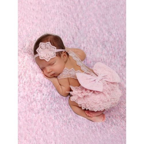 Baby Girl Newborn Contrast Lace Bow Back Bodysuit & Headband Photography Prop