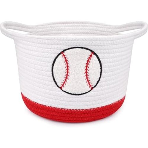 Baseball Woven Basket- Cute Cotton Rope Gift Basket with Embroidered Baseball, Nursery Oval Shelves Empty Storage Decorative Bin, Baby Shower Organizer Sports Clebrations Storage,9"D x 7"H IN