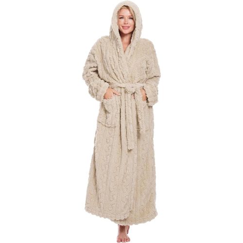 Women's Textured Plush Robe - Soft Long Bathrobe with Hood and Pockets, Cozy Winter Loungewear Fleece Robe for Women