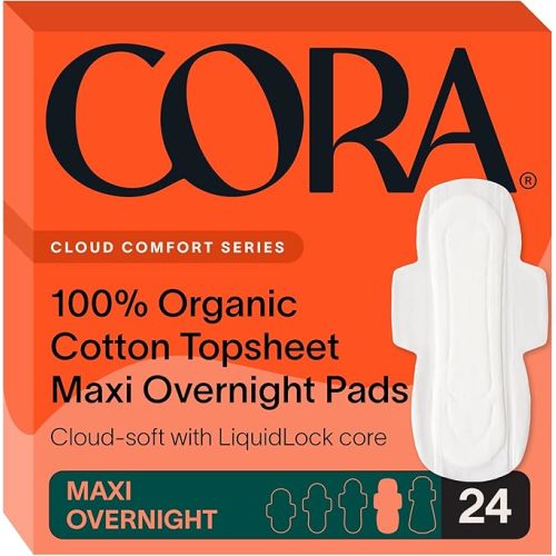Cora 100% Organic Cotton Topsheet Pads (24 Maxi Overnight Pads)