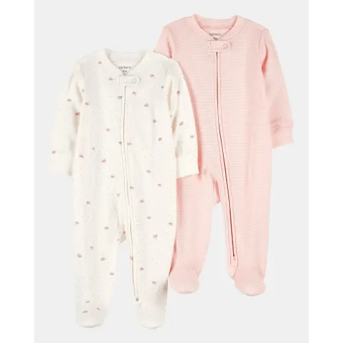 Baby Girl 2-Pack 2-Way Zip Cotton Sleep & Play Pajamas - White/Pink | Carter's