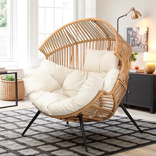 Vongrasig Wicker Egg Chair PE Rattan Chair with Cushion, Oversized Patio Lounge Chair for Outdoor, Indoor, Balcony, Backyard, Garden, Living Room, Beige