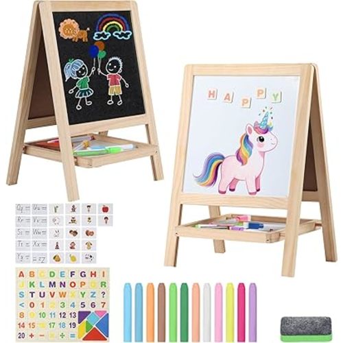 Tabletop Painting Wooden Art Easel for Kids - 4-in-1 Double-Sided Drawing Board for Toddlers 2-4, Chalkboard & Dry Whiteboard with Markers, Eraser, Magnetic Letters/Numbers & Flashcards