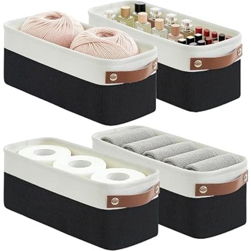 Bagnizer Small Fabric Storage Baskets, 15x6x5 inch Narrow Storage Bins 4-Pack Long Storage Basket for Organizing with Handles, Decorative Basket for Closets, Shelves, Toilet Paper, Black