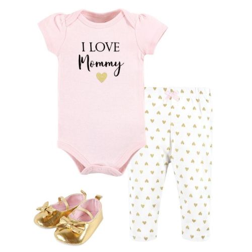Hudson Baby Infant Girl Cotton Bodysuit, Pant and Shoe Set, Girl Mommy
