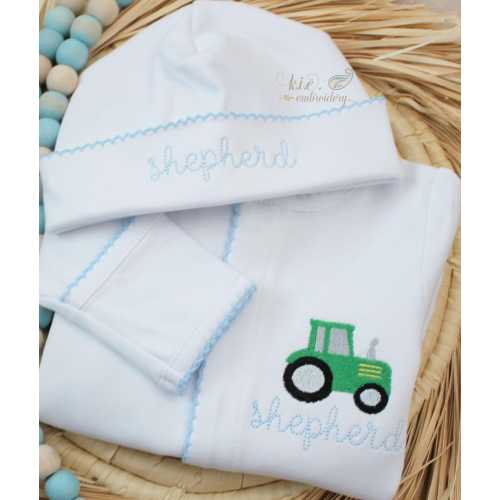 Monogrammed  Baby Footie: Personalized, Embroidered Tractor, Blue Picot Trim, Coming Home Outfit, Gift