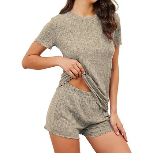 Hellomamma Womens Summer Pajama Sets: Crew Neck 2 Piece Short Lounge Sets Ribbed Knitted Pjs Soft Comfy for Postpartum Casual