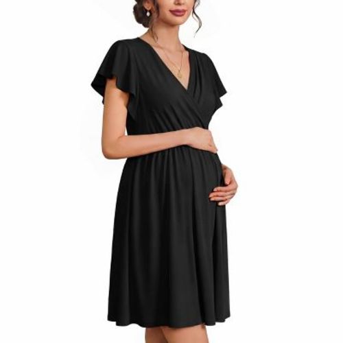 Ekouaer Cotton Labor and Delivery Gown for Hospital 3 in 1 Nursing Nightgown for Breastfeeding Short Sleeve Maternity Dress Black L