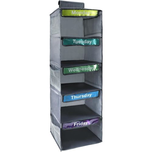 5-Shelf Weekly Clothes Organizer for Kids Days of The Week Hanging Storage Shelves Dorm Room Essential Daily Shelf Hanging Closet Organizer with 6 Side Pockets…