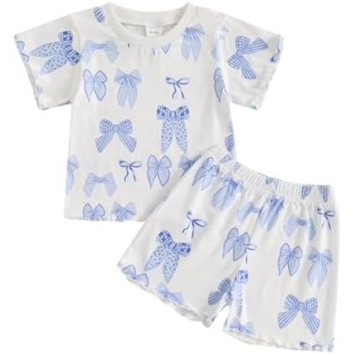 Baby Girl Summer Clothes Toddler Cute Bows Outfit Short Sleeve T-shirt Shirt Tops + Elastic Waist Shorts Set