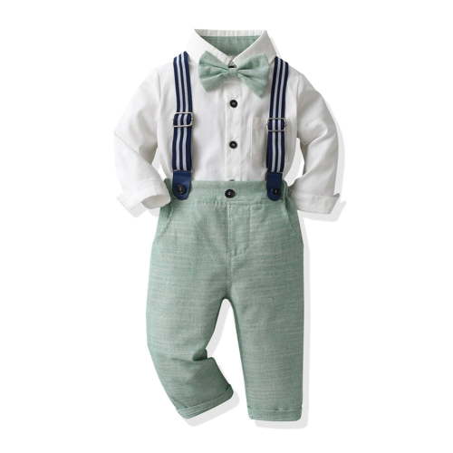 FYMNSI Baby Boy Long Sleeves Gentleman Outfit Clothes Sets Toddler Formal Bowtie Shirt Suspender Pants Wedding Dress Suits 6-12M Green