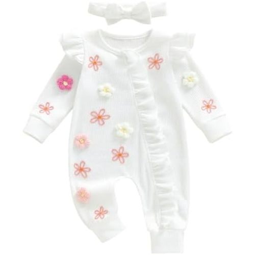 ZIXILOVGIR Newborn Baby Girl Valentines Day Outfit Heart Print Ruffle Long Sleeve Romper Onesie Cute Clothes with Headband