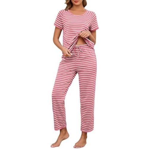 Womens Pajama Sets Cotton 2 Piece Lounge Set Stripe Short Sleeve Pj Set Comfy Loungewear Sleepwear with Pockets