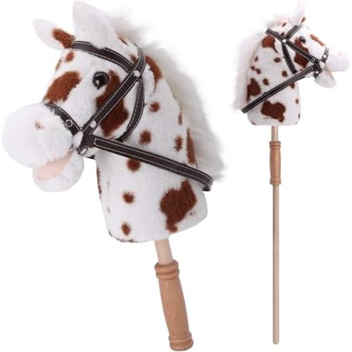 Linzy Toys 35.5" Plush Stick Horse - Funny Hobby Horse with Pony Sound, Soft Realistic Mane & Durable Leather Reins, Pretend Play Riding Toy for Boys & Girls Ages 3+ (Spotted)