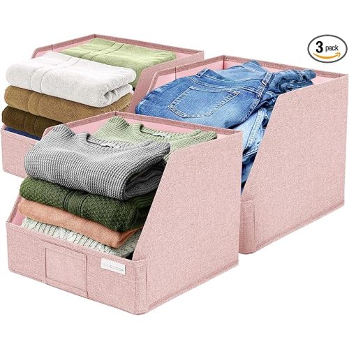 VIVIDECOR Open Front Trapezoid Closet Bins 12x12x10 – Easy Access Shelf Organizer for Clothes, Sweaters, Nursery Storage – Pink, 3 Pack
