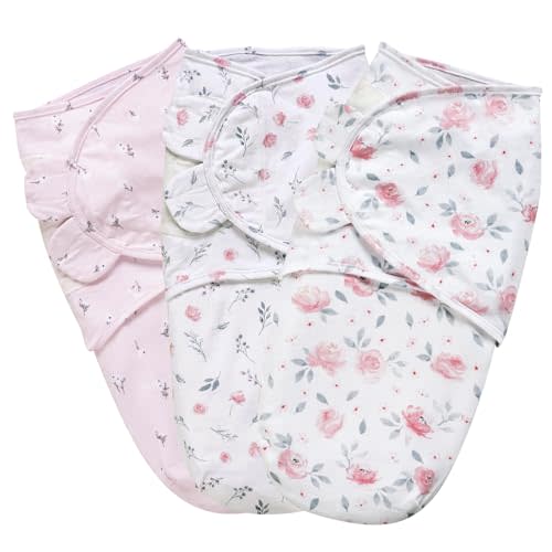 PHF 100% Cotton Baby Swaddle Sleep Sacks for Newborn, 3 Pack Soft Breathable Baby Swaddle Sack 0-3 Months for Girls, Easy Adjustable, Blanket Wrap, Newborn Essentials (Floral)