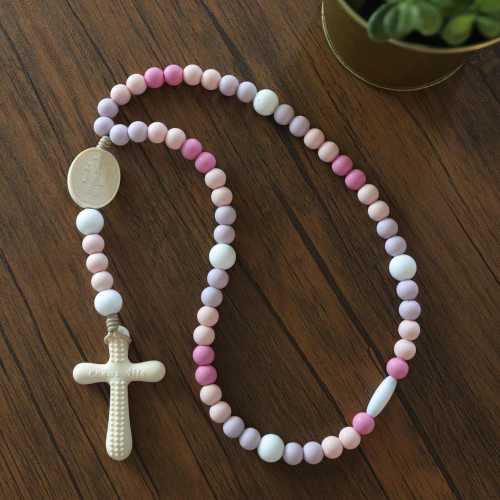Girls Silicone Rosary: Little Flower (Pink & Purple) | Catholic Baptism Gift for Girls, Baby Shower, First Rosary