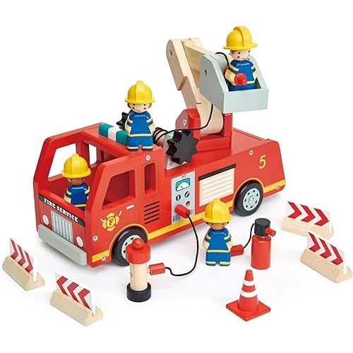 Tender Leaf Toys - Fire Engine - Wooden Fire Truck Toy with Firefighters and Accessories - Story Telling, Pretend Play and Imaginative Play for Age 3+