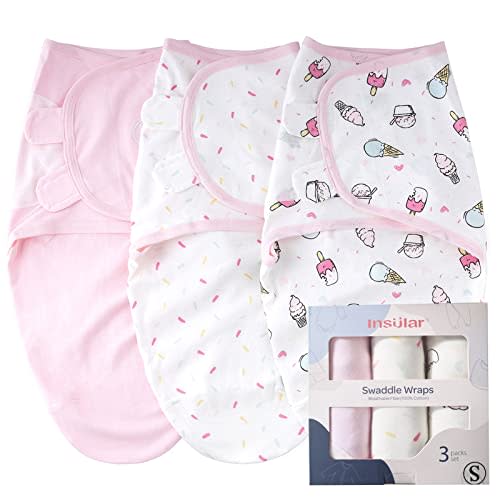 insular Baby Swaddle Wrap, Swaddle Blanket for Newborn and Infant, Adjustable Swaddling Set for Boy and Girl, Soft Cotton Baby Sleep Sack 3 Pack, Ice Cream, Small(0-3 Month)