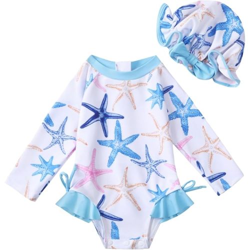 AMAWMW Infant Baby Girl Swimsuit Long Sleeve One-Piece Swimwear with Hat Rash Guard Floral Zipper Bathing Suit Beach Wear